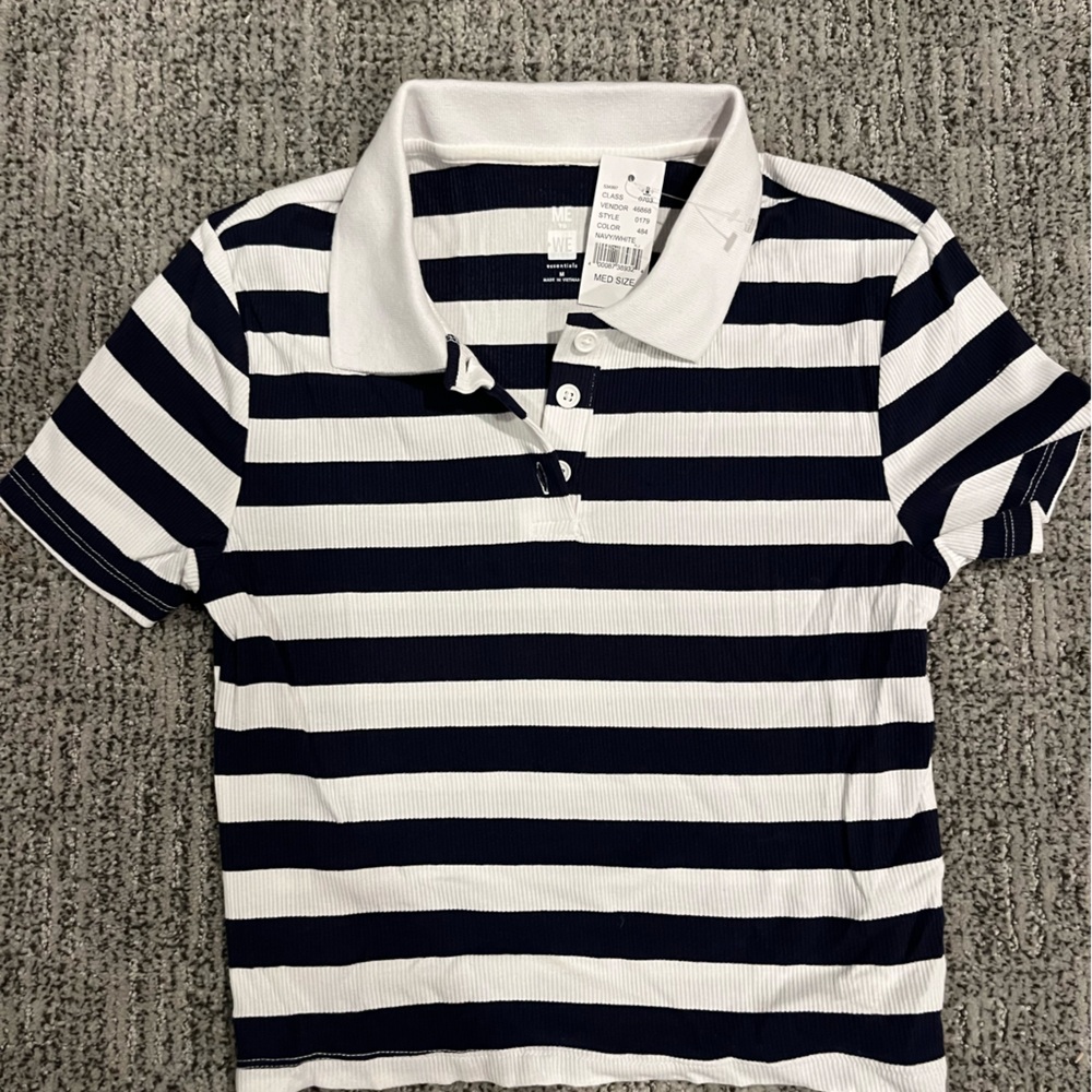 PacSun Women's Striped Polo - Navy and White